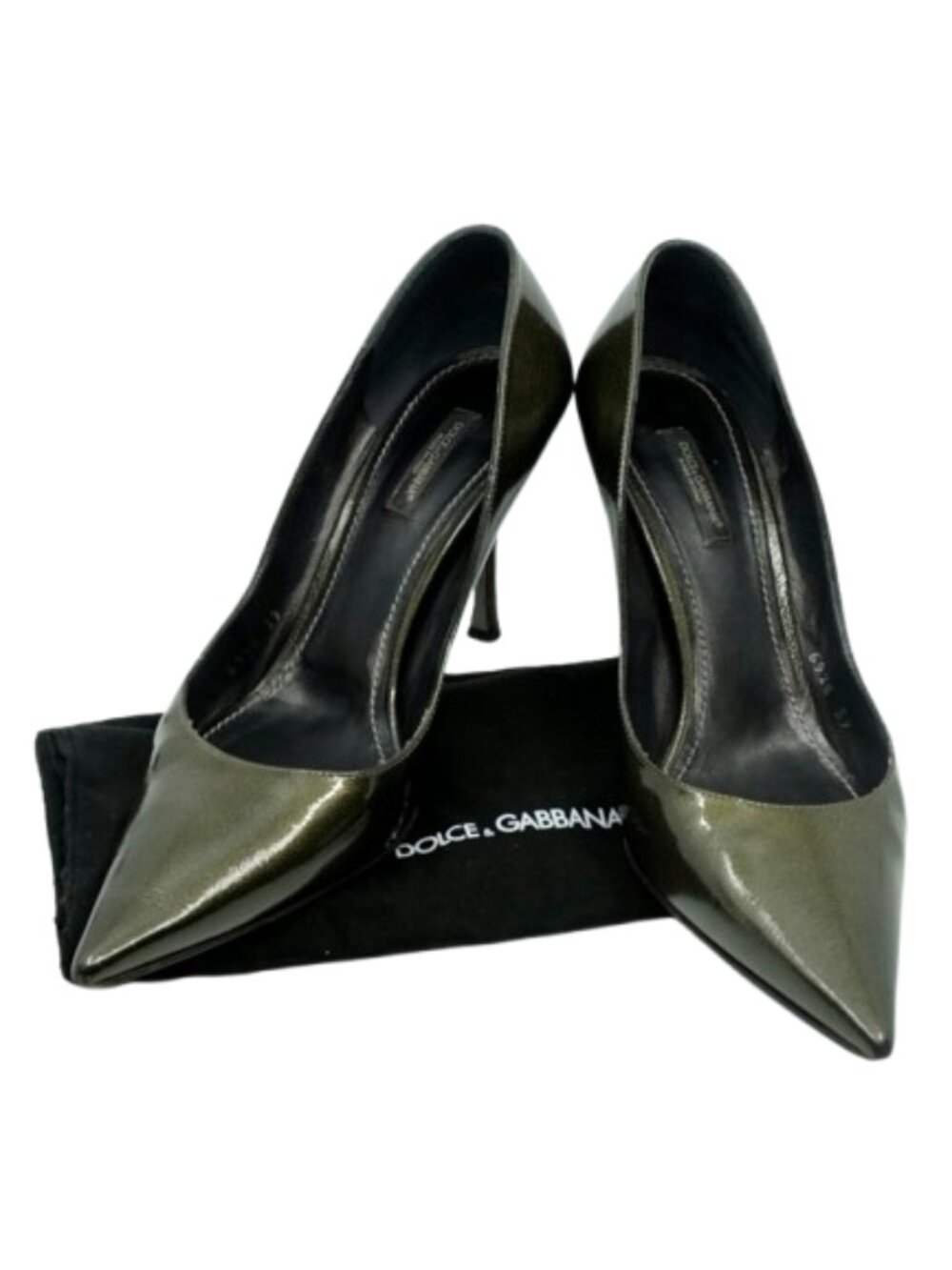 VINTAGE Dolce & Gabbana Y2K~METALLIC GREEN & BLACK LEATHER STILETO PUMPS Sz 39